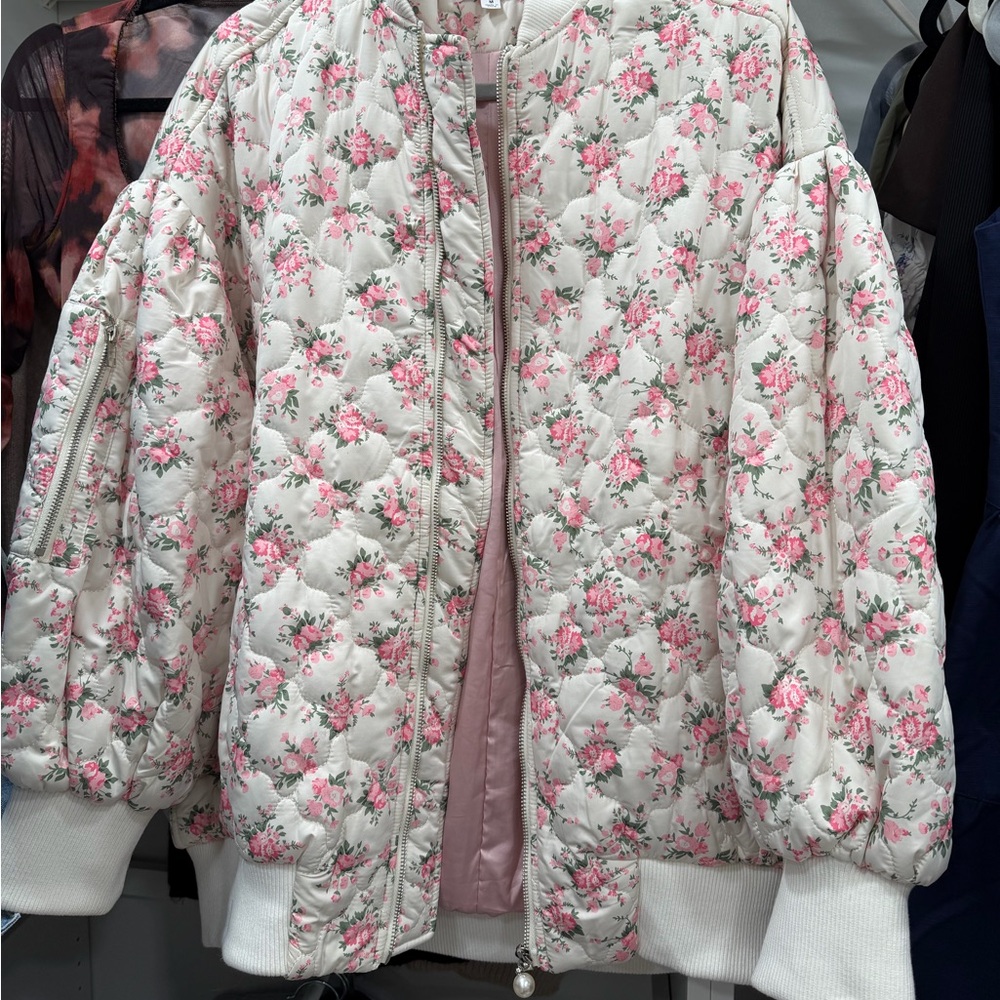 MARBLE White Quilted Bomber Jacket with Pink Floral Print